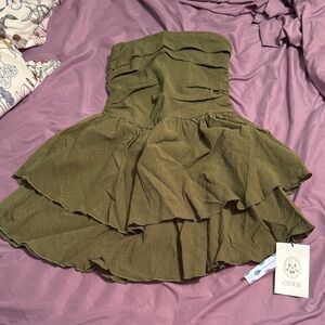 Cider Forest Green Strapless Ruffle Dress